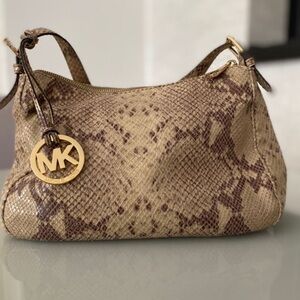 Michael Kors Beige Taupe Snake-Print Shoulder Bag with Gold MK Charm